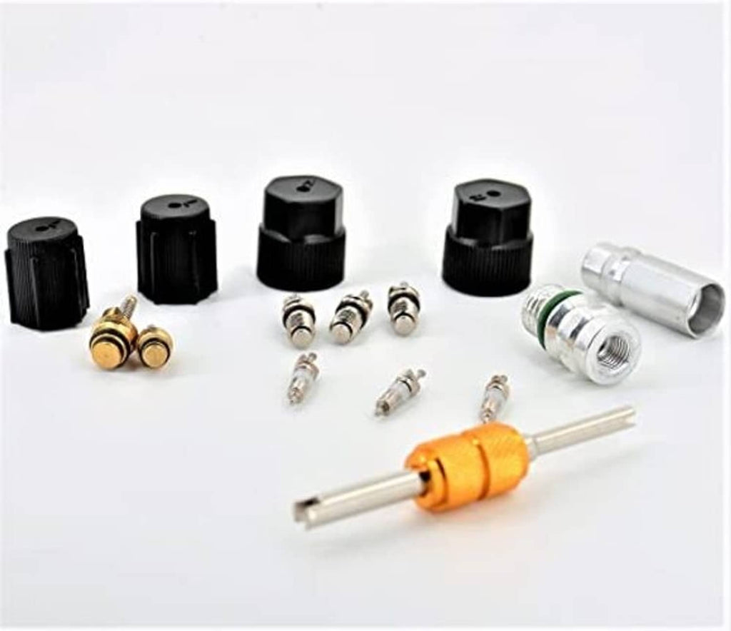 AC valve core kit with black caps, metal valve cores, silver parts, and orange insertion tool