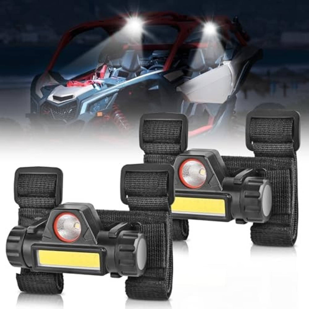 Black UTV LED lights on vehicle with yellow bar and round white spotlight lenses