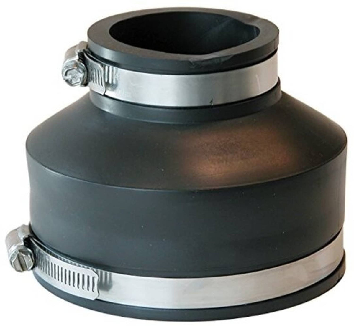 Black flexible PVC reducing coupling with two metal clamp bands and open ends