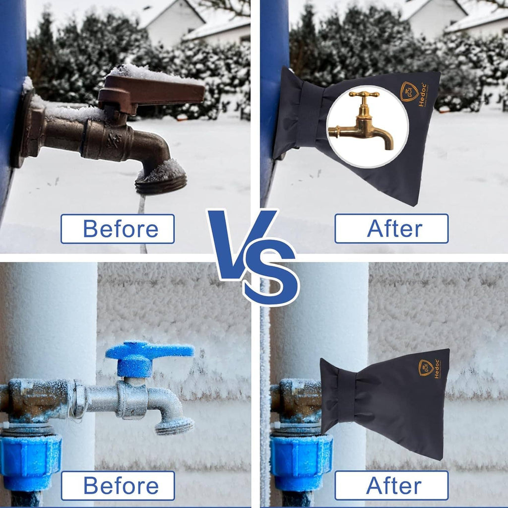 Black faucet covers installed over outdoor taps for winter freeze protection