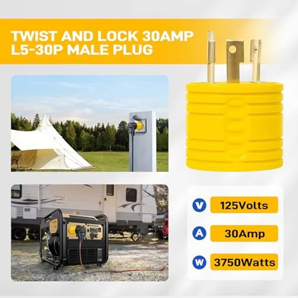 Yellow 3-prong male twist-lock plug with ribbed grip for RV power