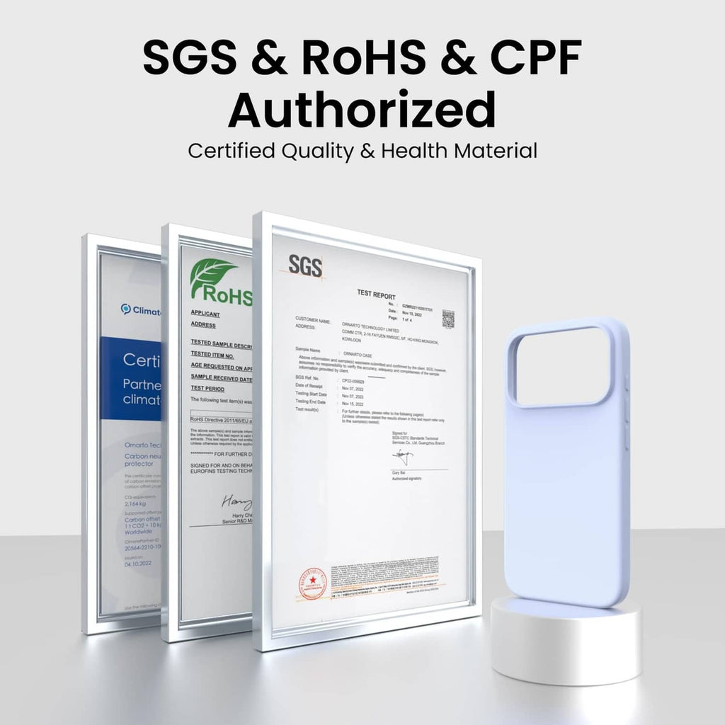 Baby blue slim iPhone case beside certification documents, showing camera cutouts.