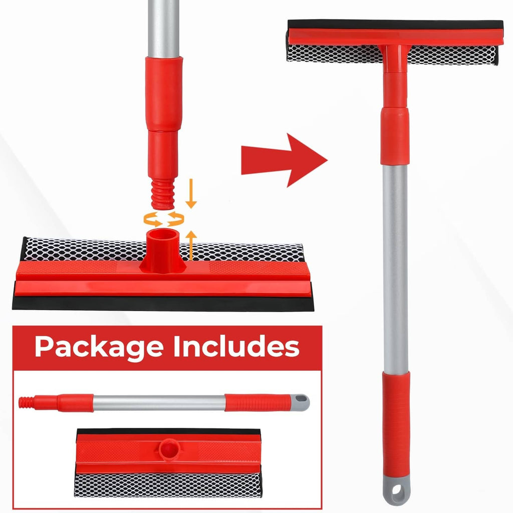 Window squeegee cleaner kit includes telescopic pole and red mesh sponge blade head