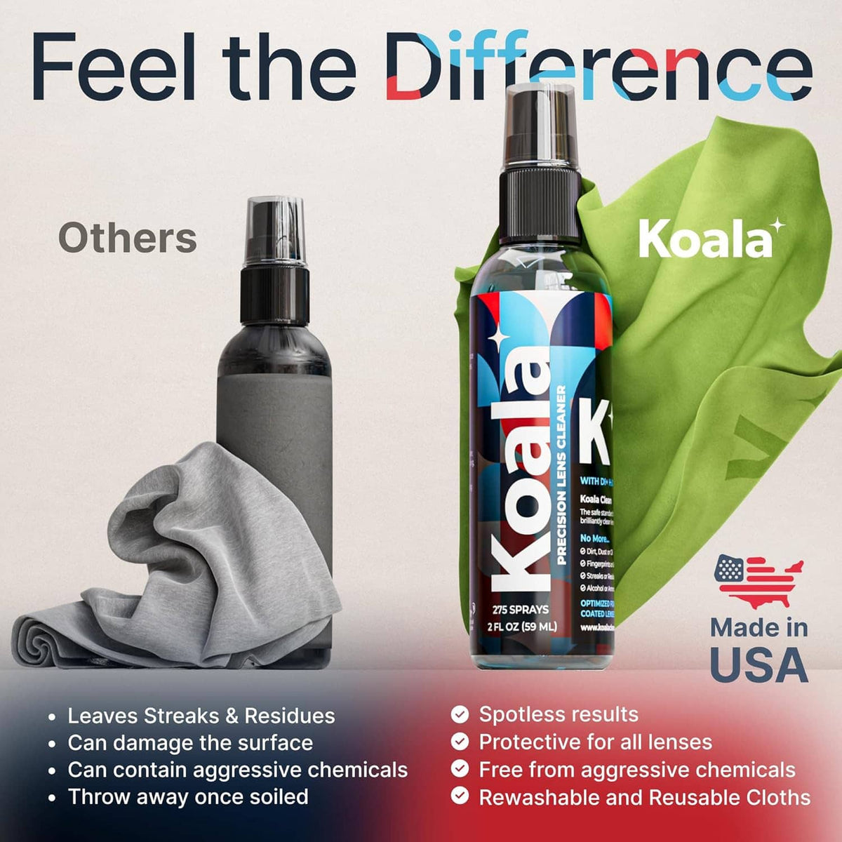 Two Koala lens cleaner bottles with black sprayers and a green microfiber cleaning cloth.