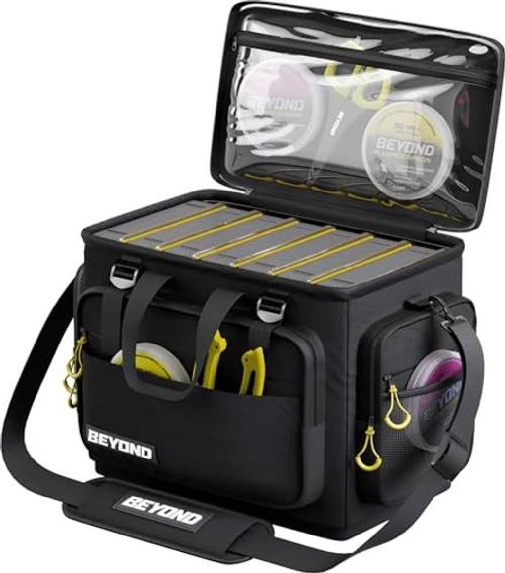 Black hard-shell tackle bag open with clear lid window, yellow-trimmed dividers and side pockets.