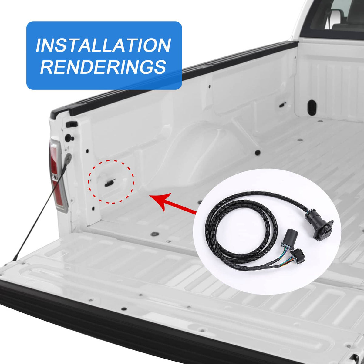 Wiring harness extension shown near truck bed opening with coiled cable and plug connectors