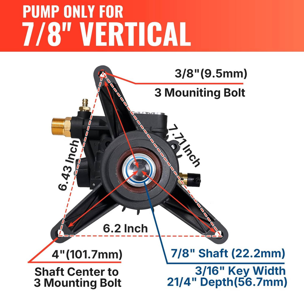 Black vertical pressure washer pump diagram with 7/8 in shaft and mounting points