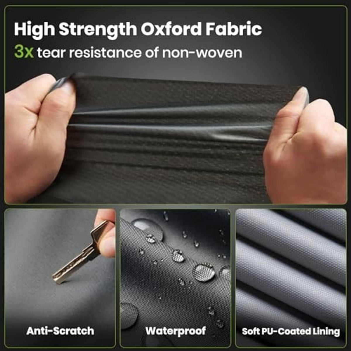 Gray RV travel trailer cover fabric close-up: high-strength oxford, waterproof PU lining