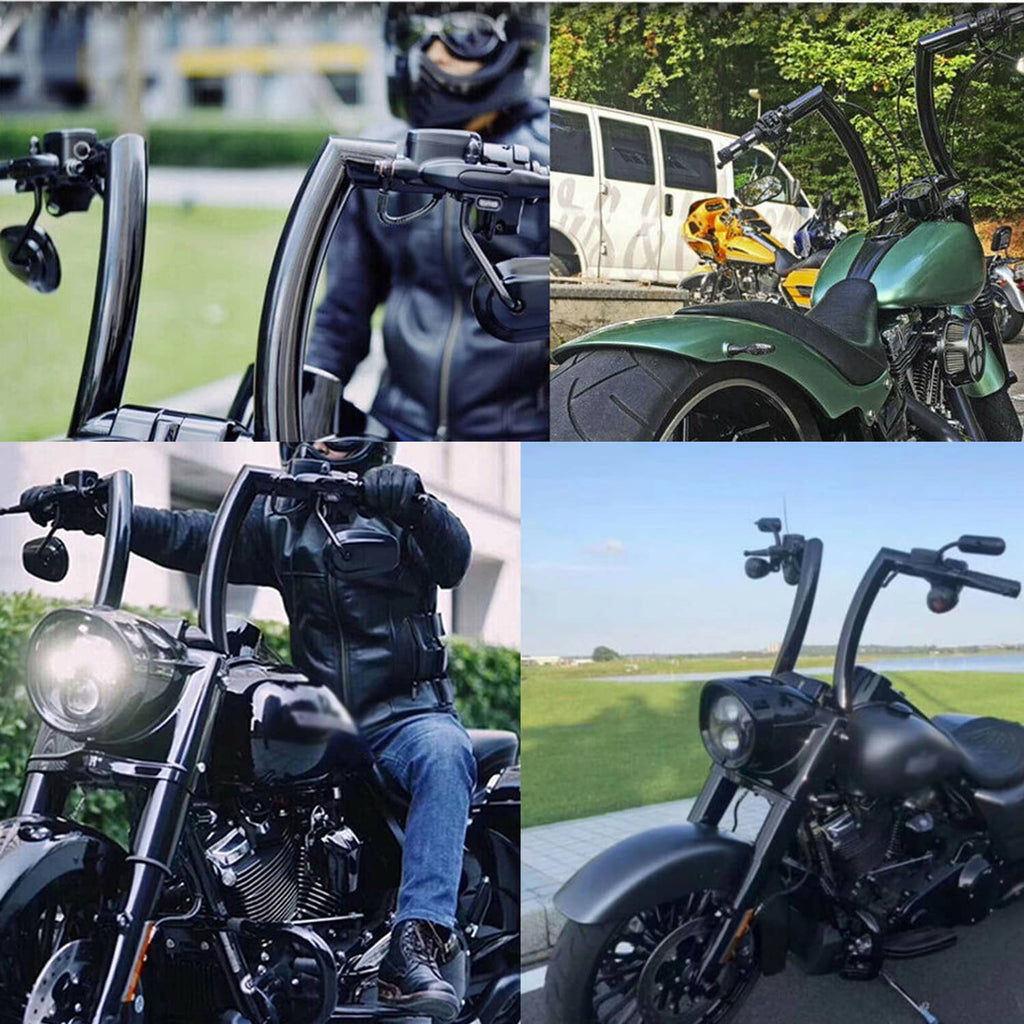 Black ape handlebars on motorcycle with rider position and multiple outdoor angles