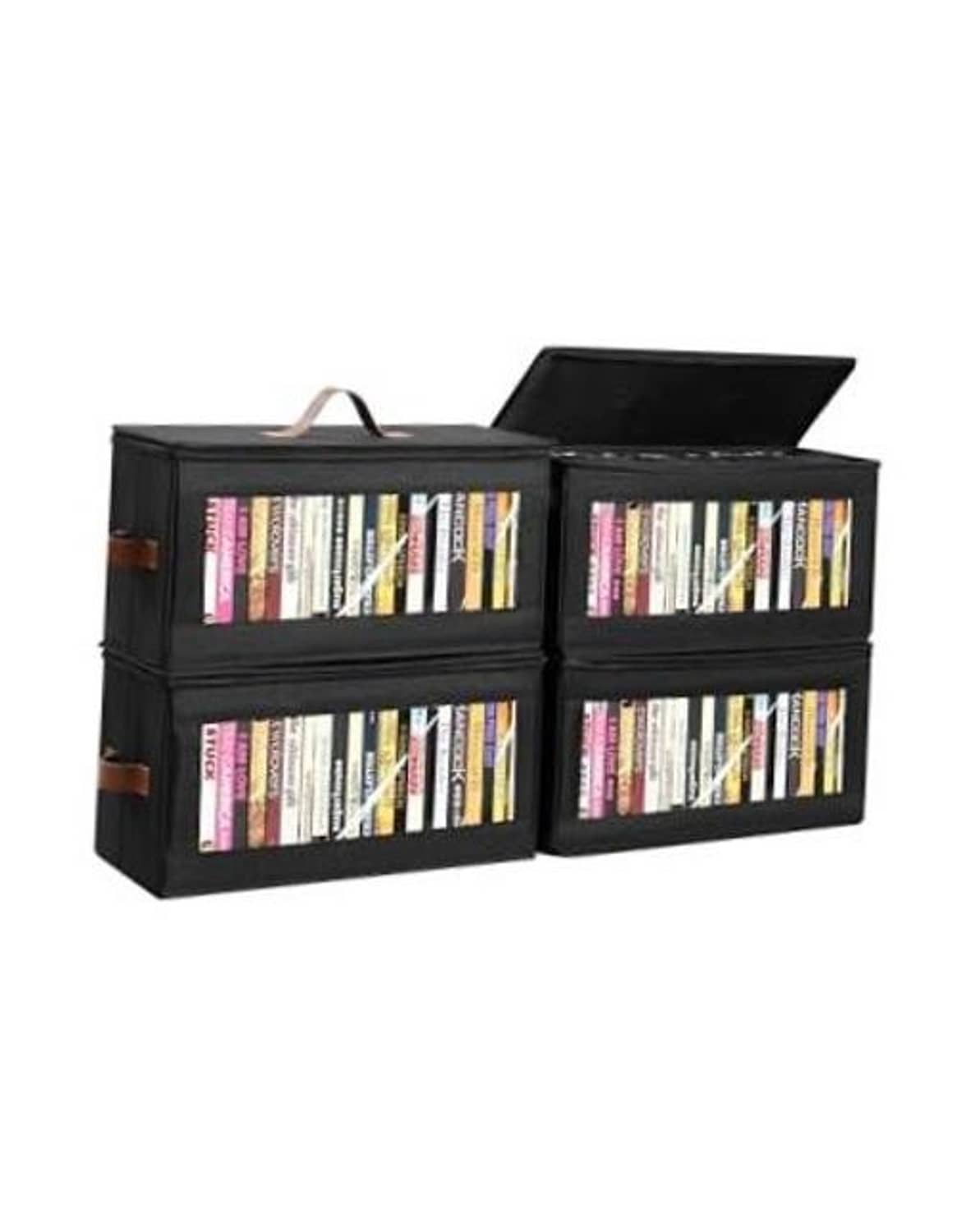 Black fabric DVD storage box set, top open, holds DVDs in four compartments