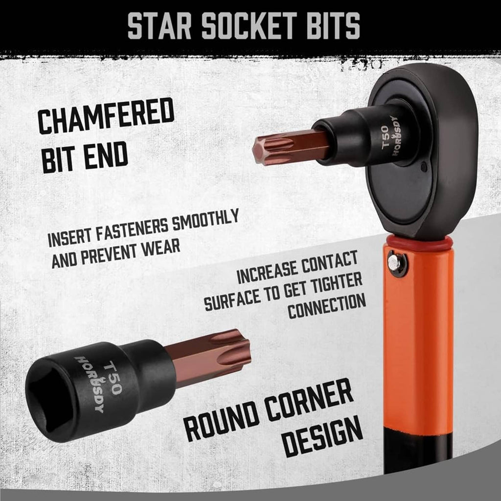 Star Torx socket bits with chamfered ends and round-corner design, brown tips