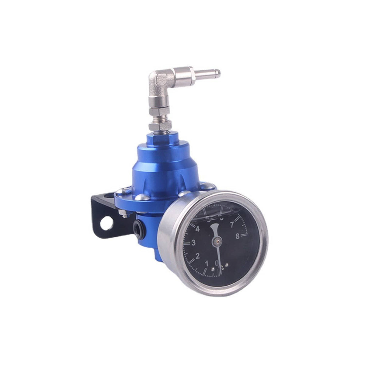 Blue adjustable fuel pressure regulator with round oil pressure gauge and silver elbow fitting