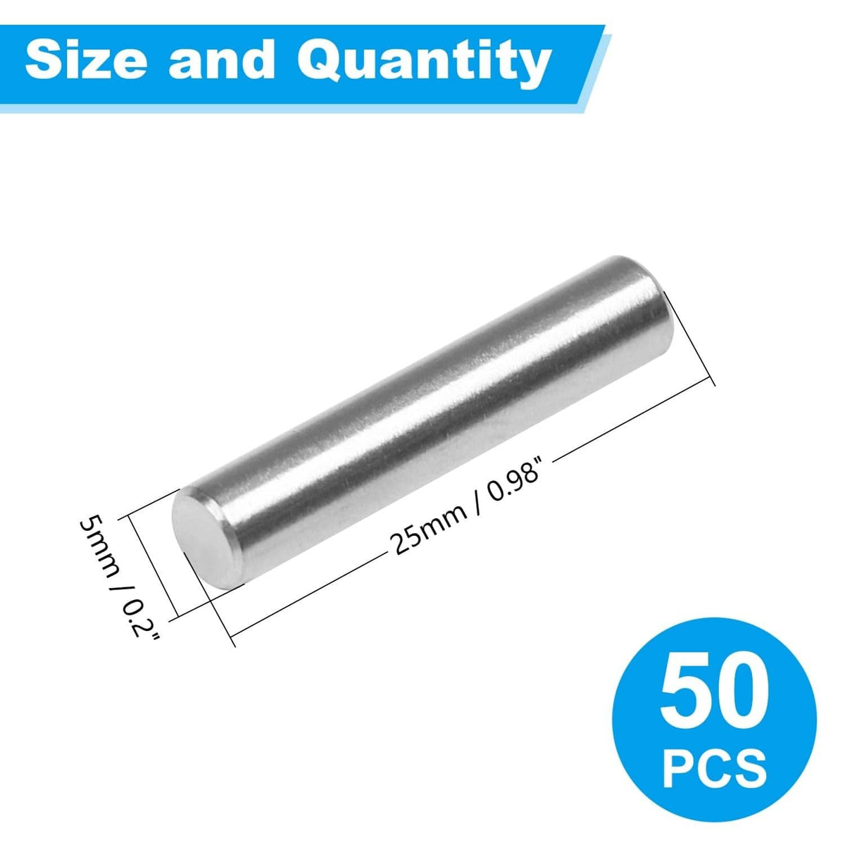 Stainless steel dowel pin size diagram: 25mm long, 5mm diameter, 50-piece set