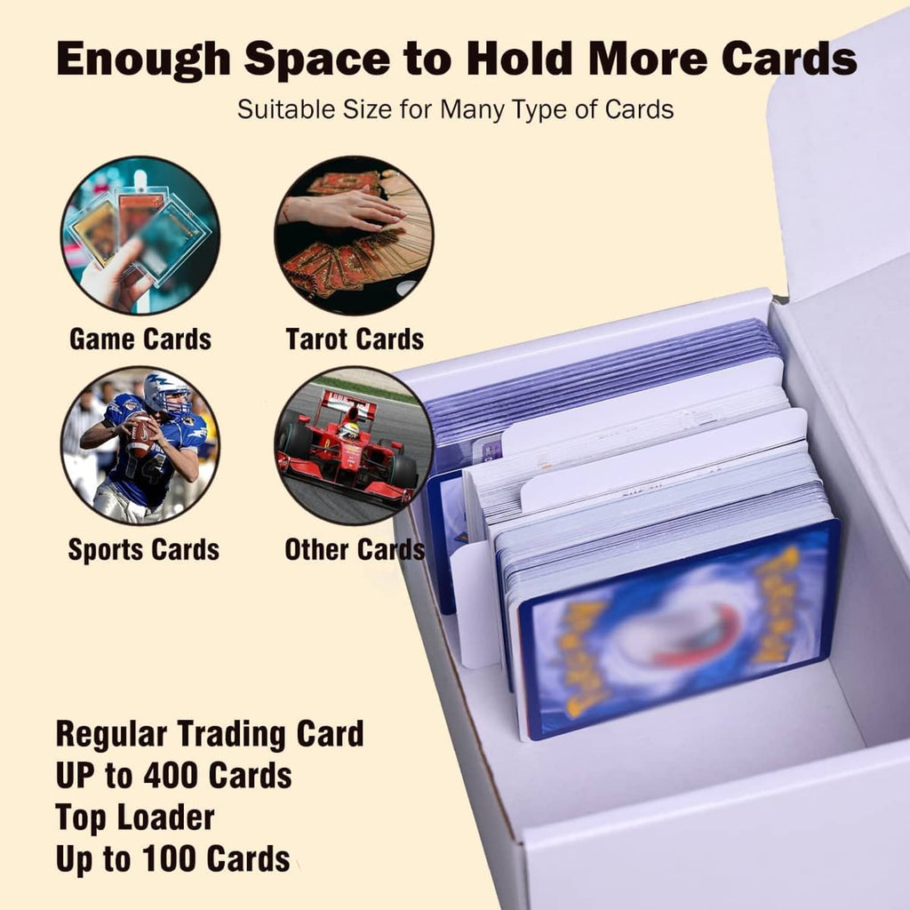 White cardboard card storage box with side slots, holding layered game cards