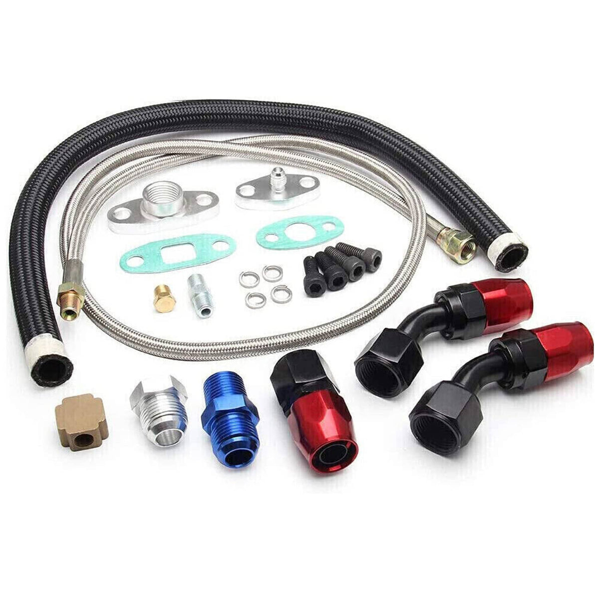 Turbo oil feed line and drain return fitting kit with braided hoses and fittings