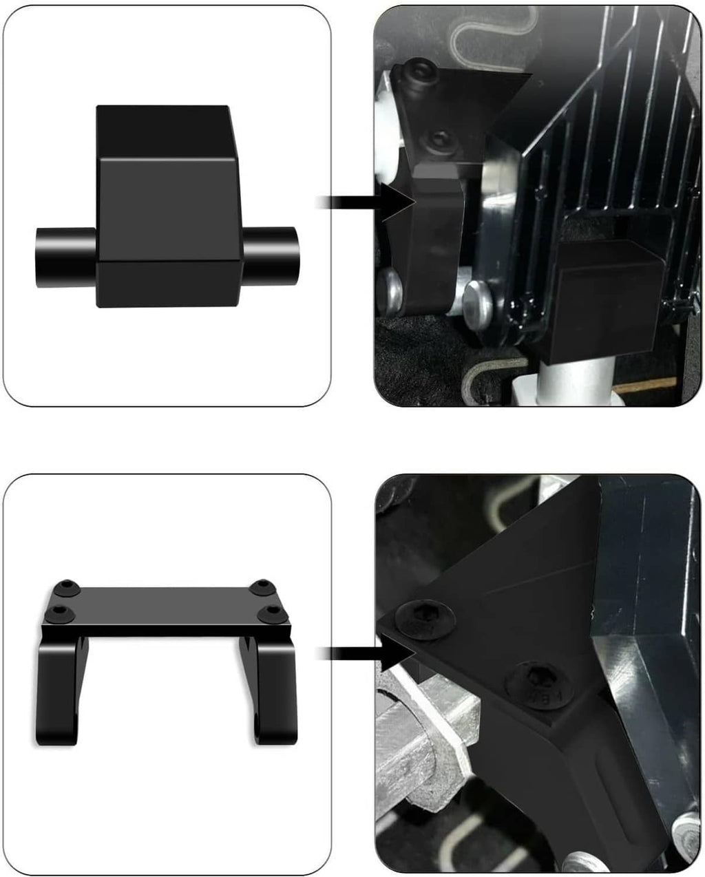 Black clevis and toggle mount bracket with connector sleeves shown in close-up