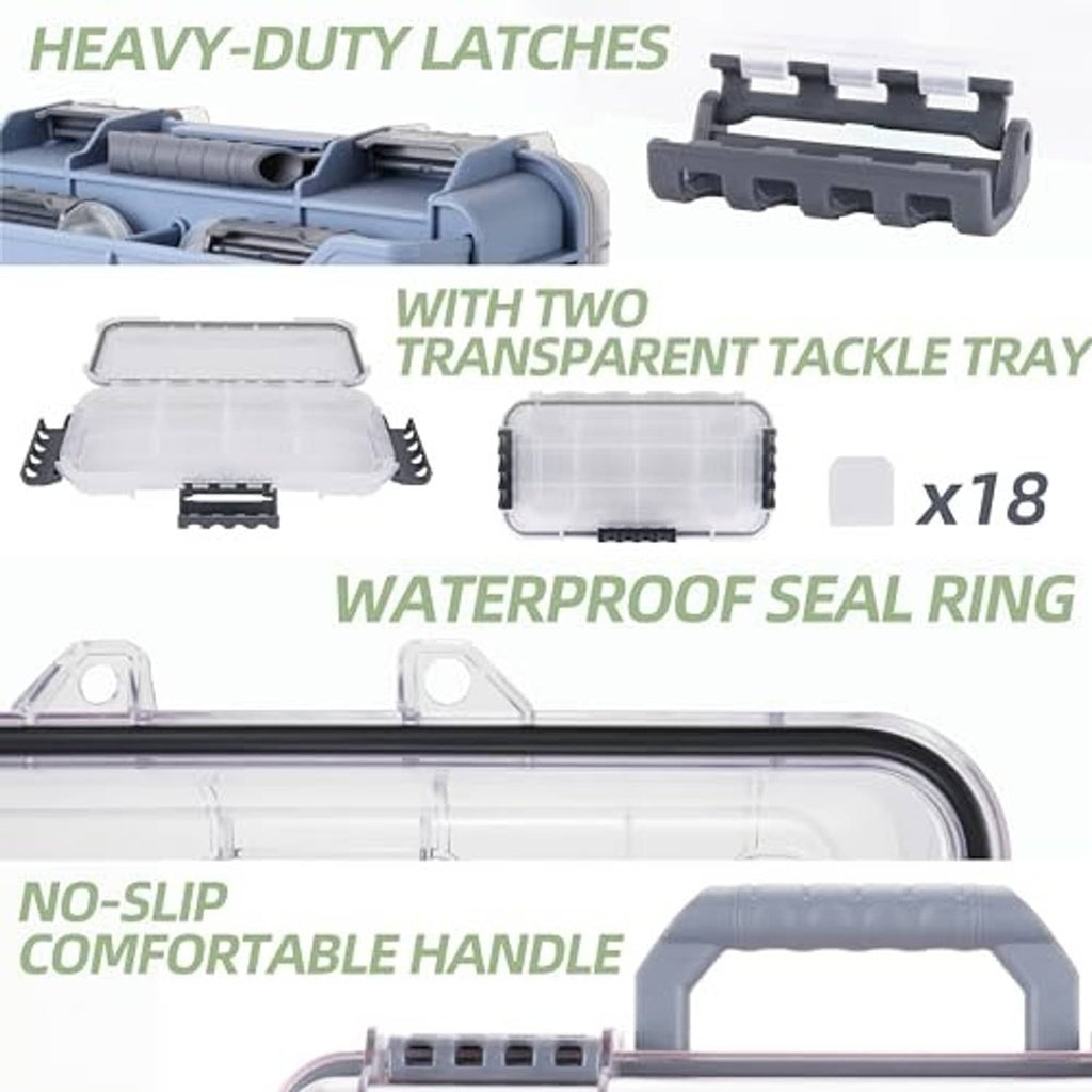 Blue tackle box with two transparent tackle trays and secure latch details