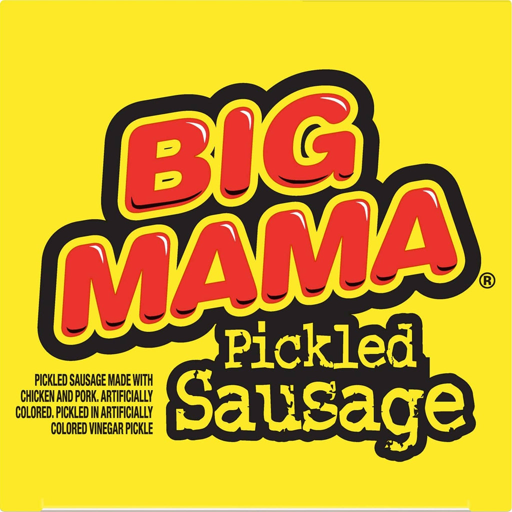 Close-up label showing Big Mama Pickled Sausage branding