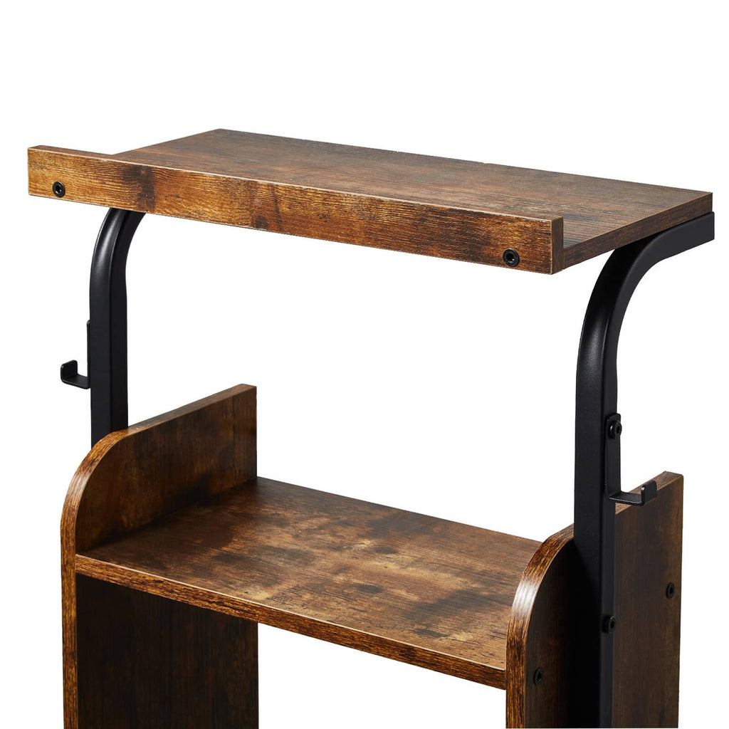 Raised feeding station frame with rustic brown shelf top and two side supports