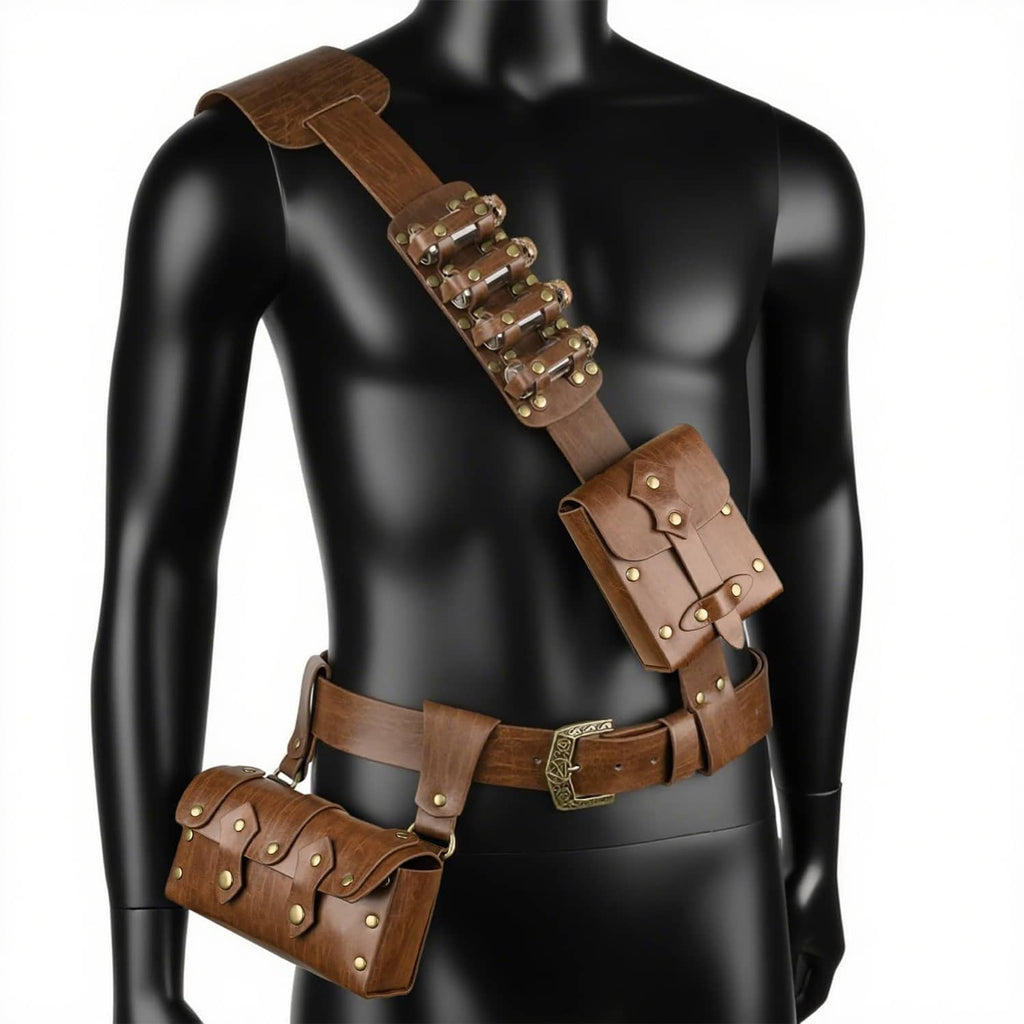 Brown medieval baldric belt set on mannequin with studded shoulder strap and pouches