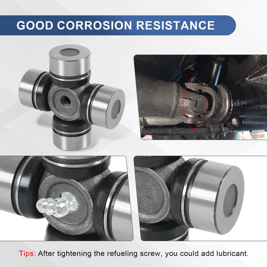U-joint with grease fitting, silver yokes, and gray cross bearing