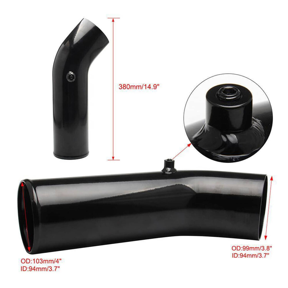 Black curved intake pipe with mounting tab and inlet outlet openings, glossy finish