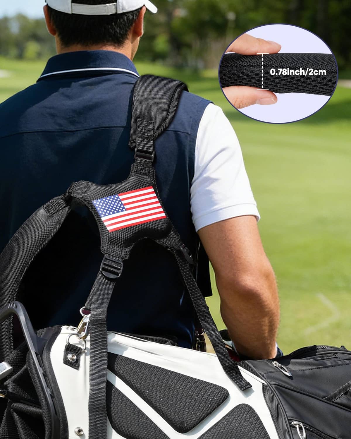 Black USA-flag golf bag strap with padded back and metal connector clips