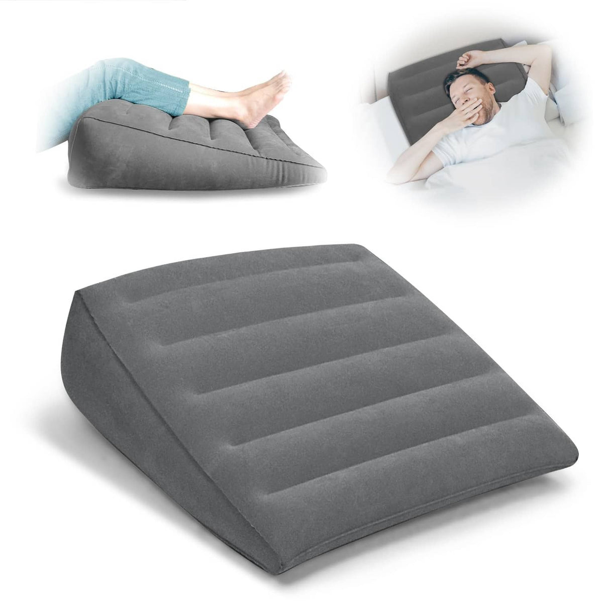 Gray inflatable wedge pillow with raised sections for back and neck support