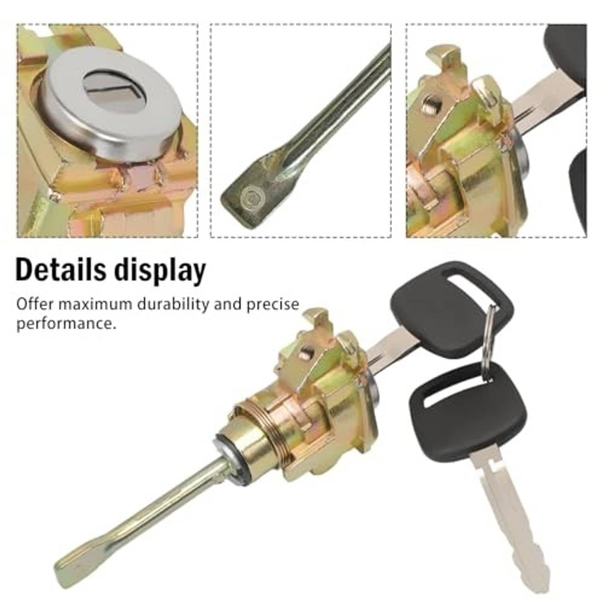 Door lock cylinder detail with round key lock, gold metal body and black keys