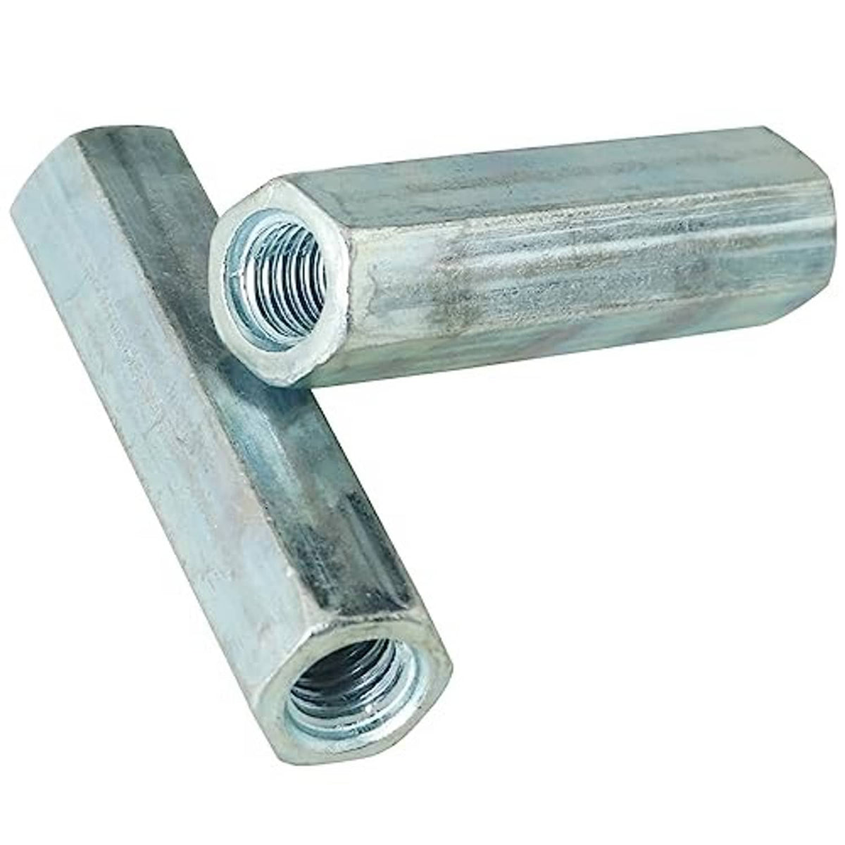 Pair of long rod hex coupling nuts with M6 female threads, zinc-plated finish
