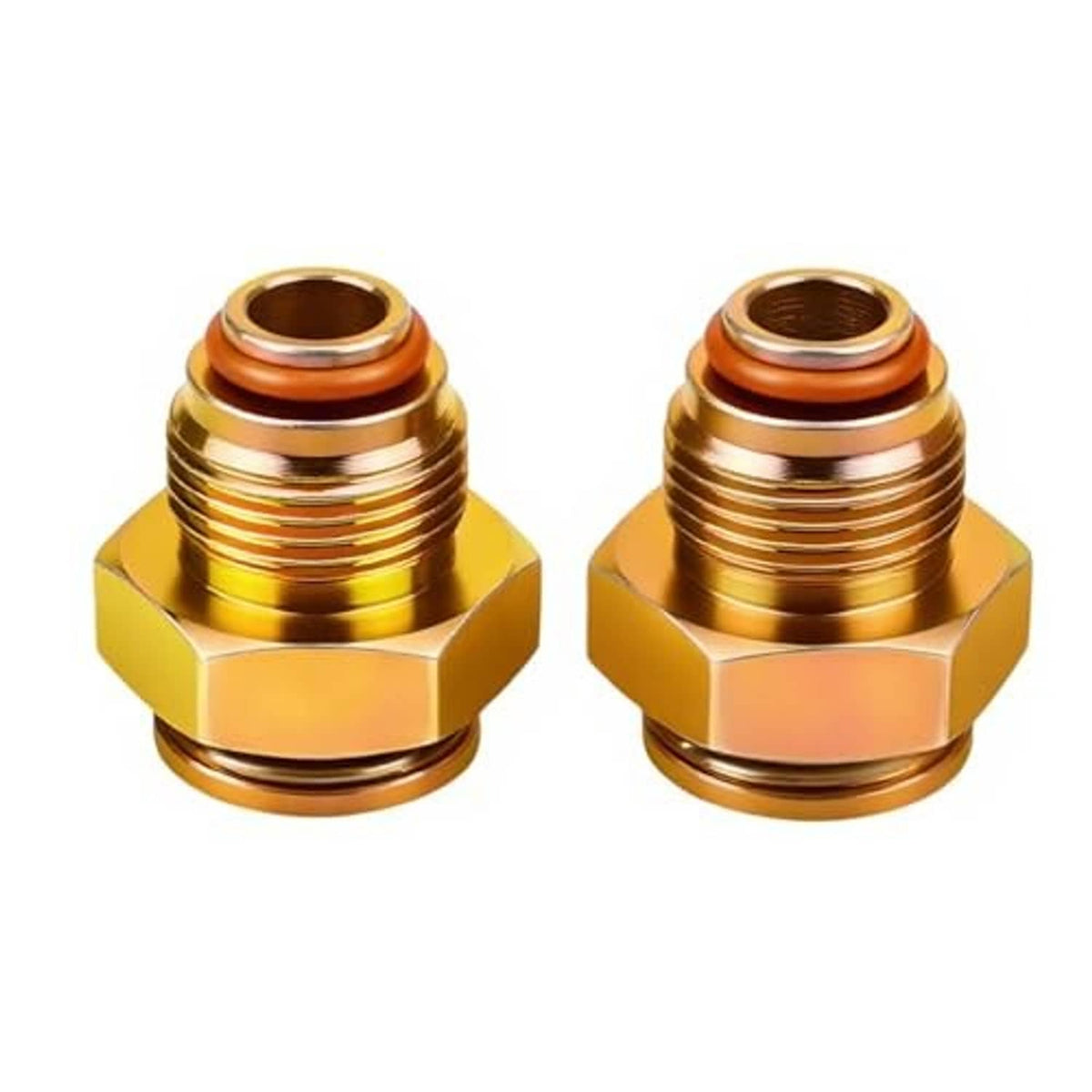 Set of two brass radiator line fittings with hex nuts and copper O-rings