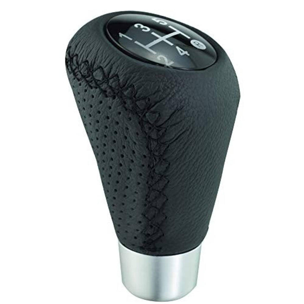 Black leather 5-speed shifter knob with silver base, stitched grip and gear number dial