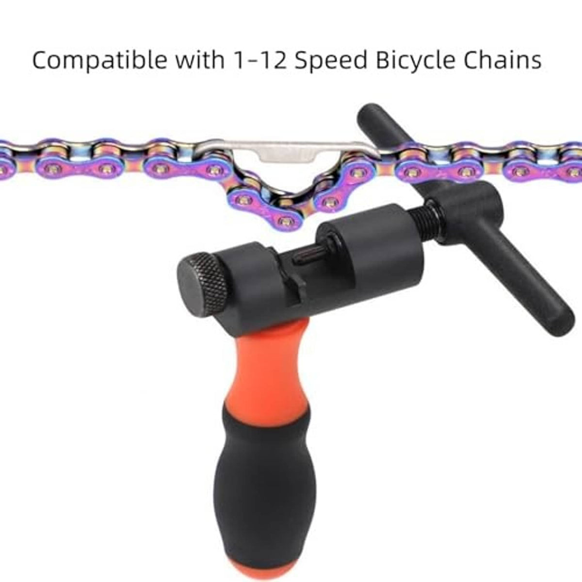 Bike chain breaker tool with orange-and-black grip and rainbow chain links over rollers.