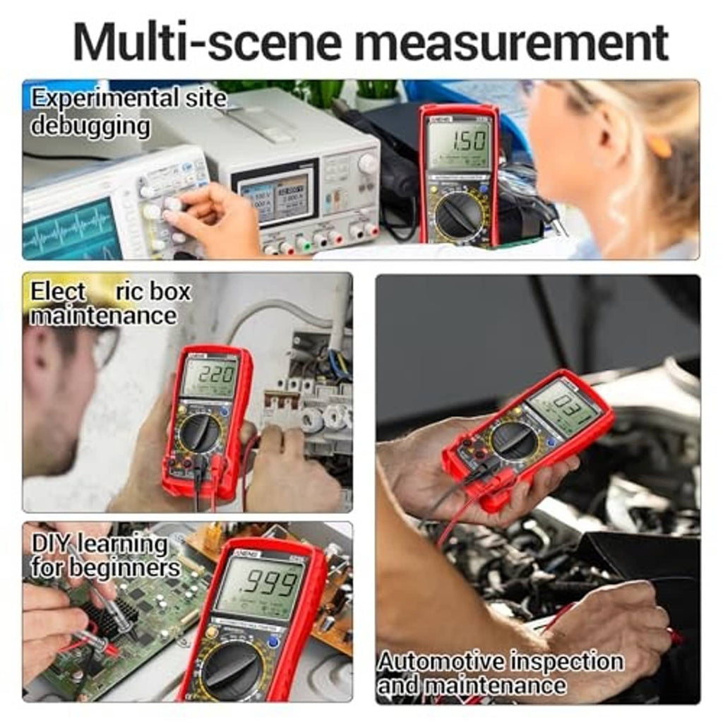 Red digital automotive multimeter used for automotive inspection and electronics testing