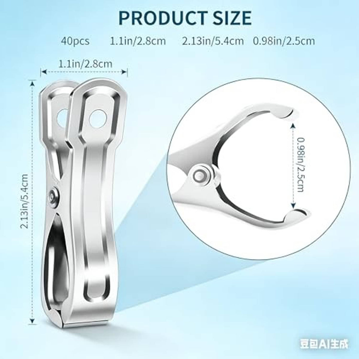 Stainless steel greenhouse clamp with pivot hinge and spring jaw, size guide shown