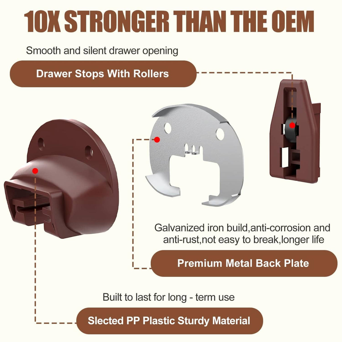 Dark brown drawer guide replacement with metal back plate and galvanized mounting screws