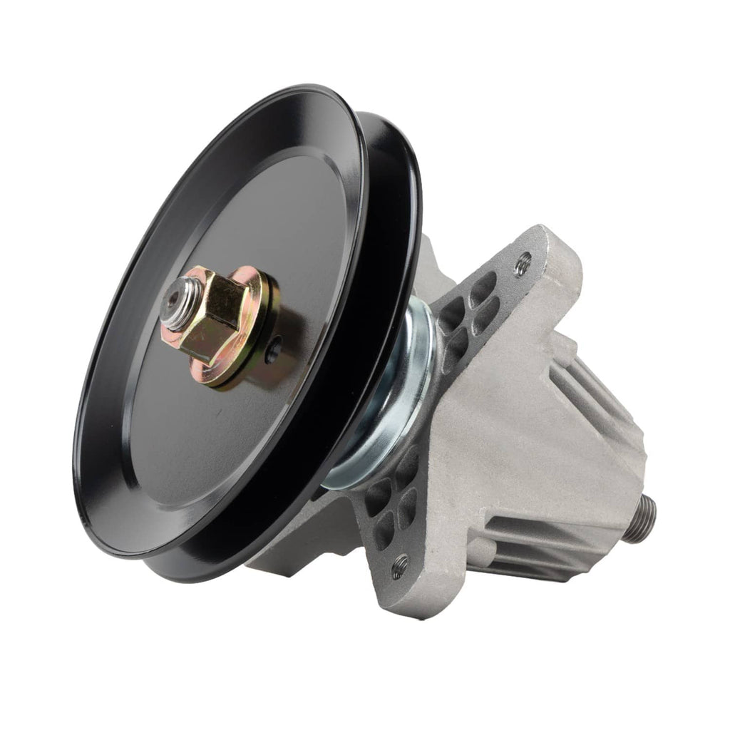 Deck spindle assembly with black pulley and silver housing, angled front with mounting flange