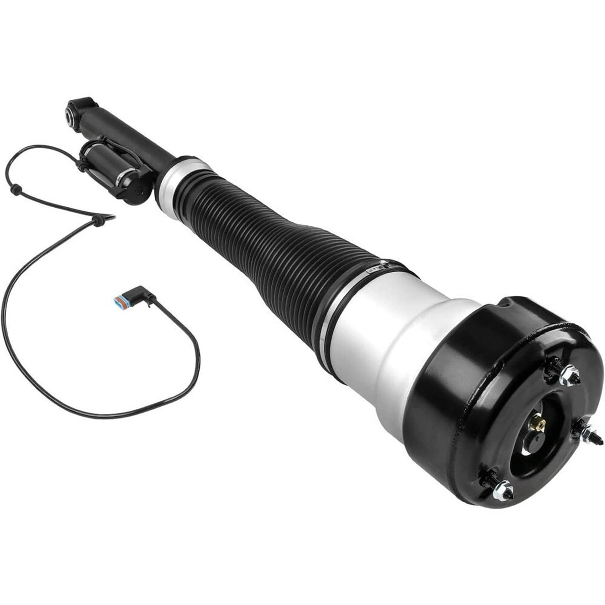 Rear air suspension strut with ribbed spring and side electrical connector