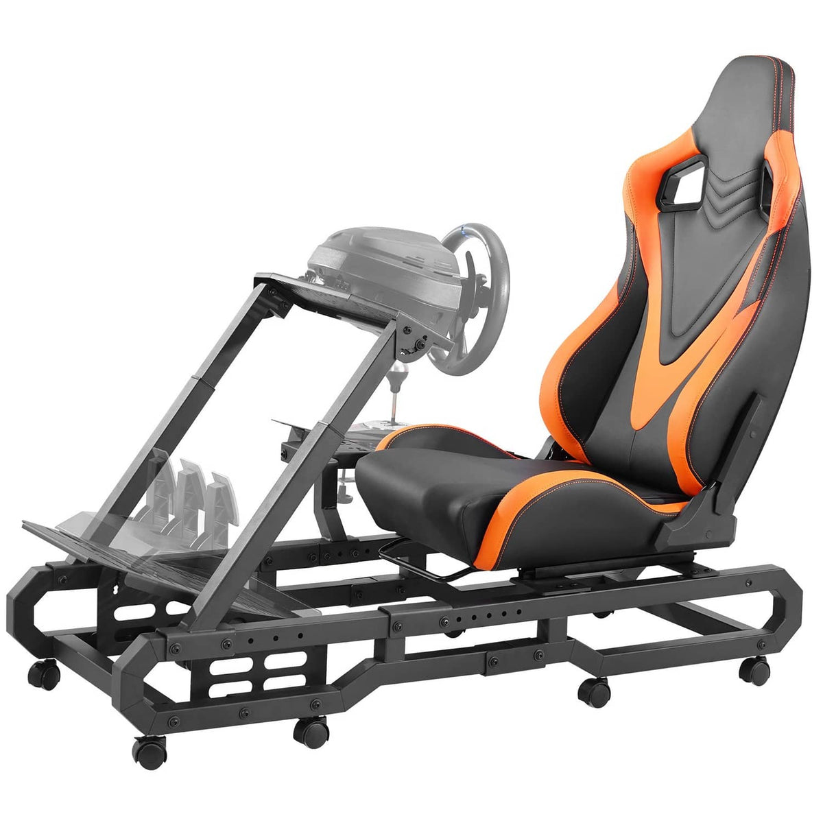 Racing simulator wheel stand with orange-and-black seat and steering mount frame