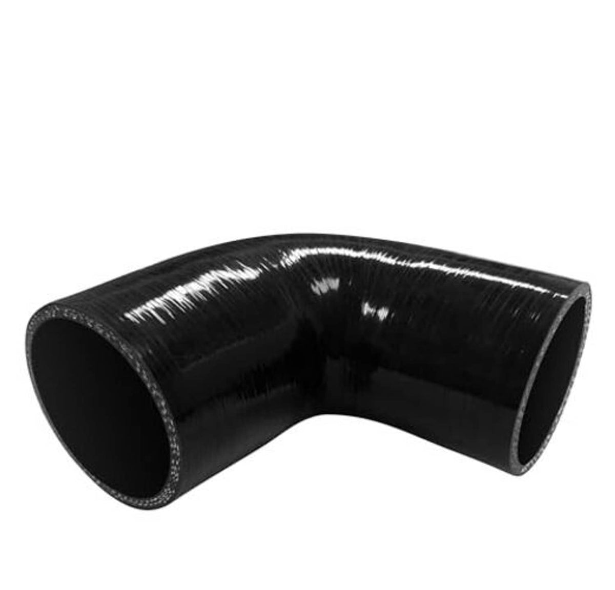Black 90° silicone elbow hose fitting, glossy curved 2.5in ID