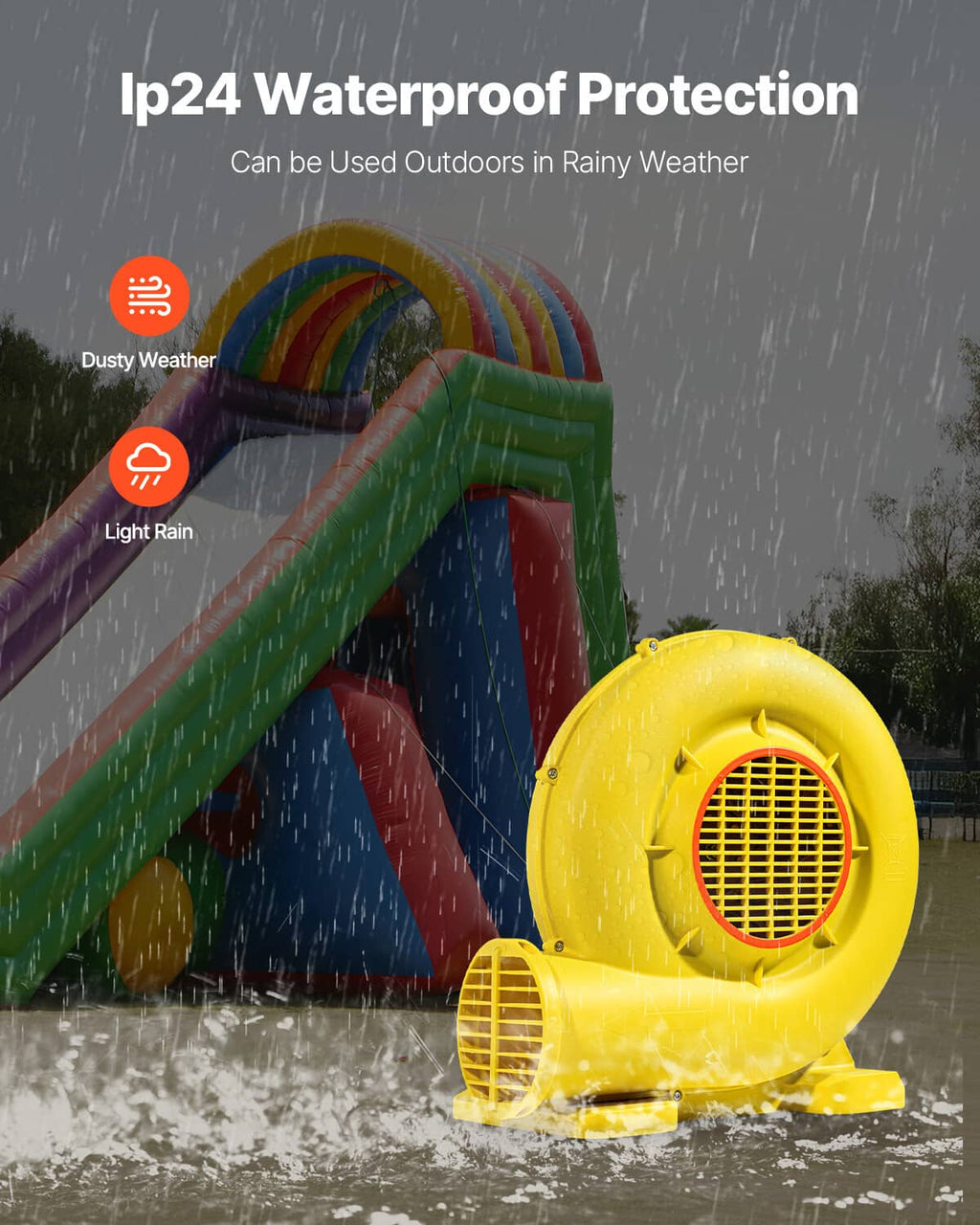 Yellow waterproof inflatable blower pump fan operating beside an inflated structure