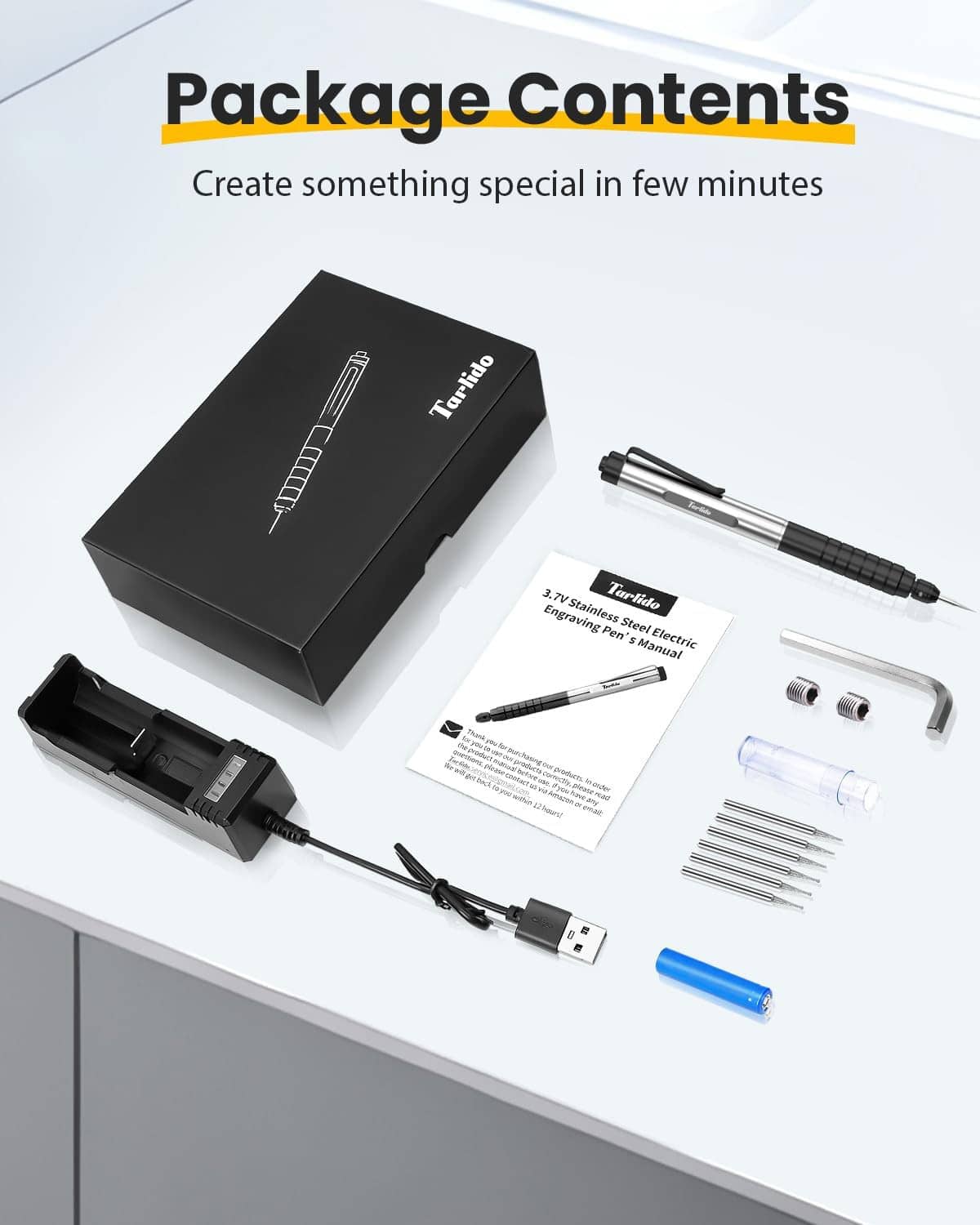 Engraving pen package contents: tool, box, bits, wrench, USB battery pack and manual