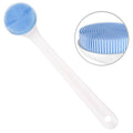Long-handled silicone shower body scrubber with blue bristles and white handle.