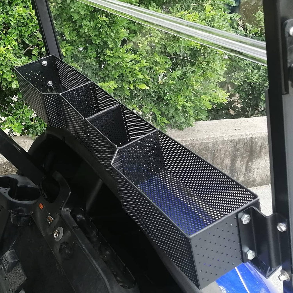 Golf cart front mesh storage tray with three compartments, secured to cart frame