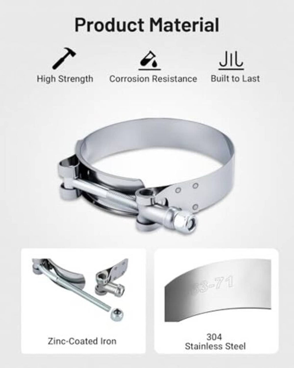 304 stainless steel T-bolt hose clamp, metal band with T-bolt screw and nut