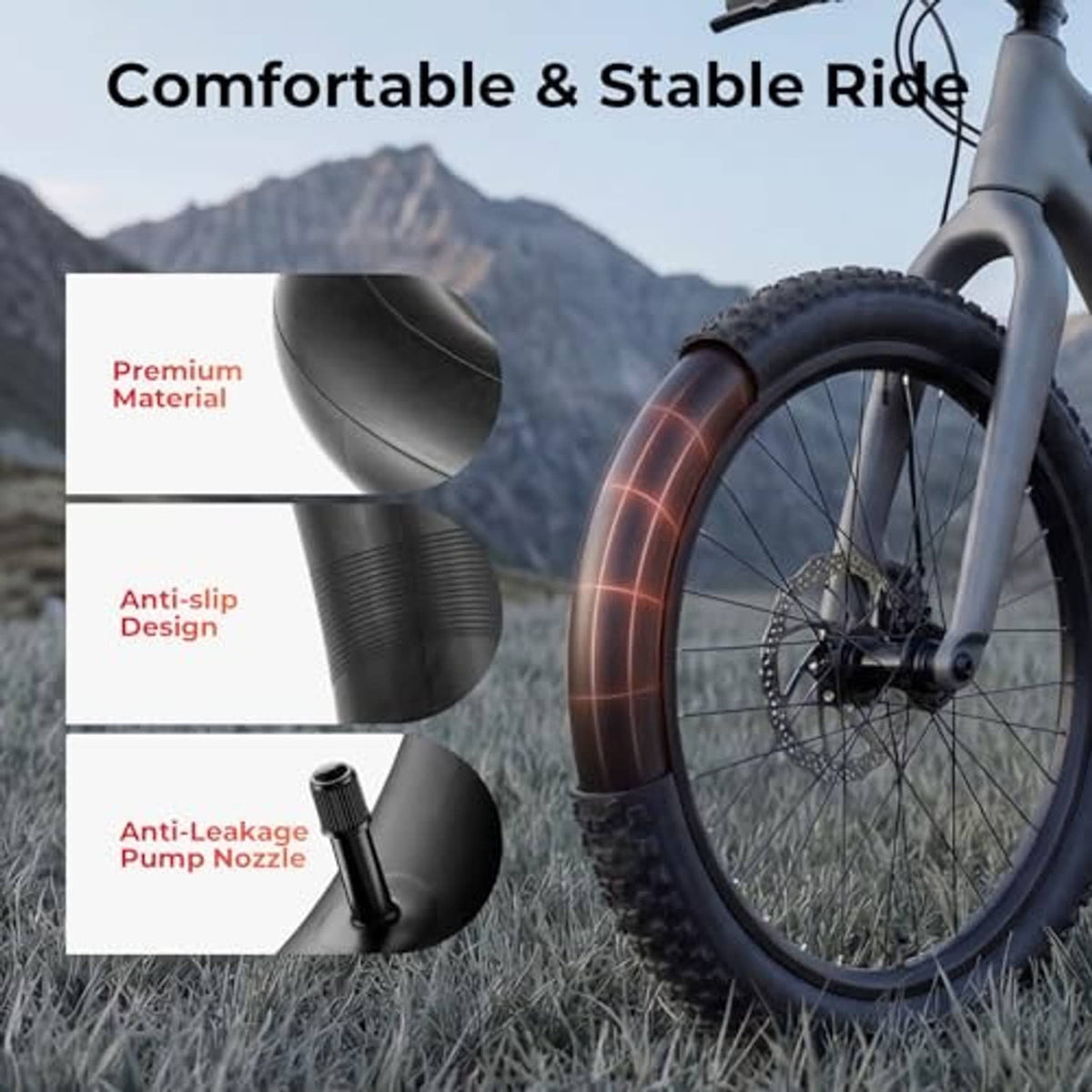 Black butyl inner tube on bike wheel, anti-leakage pump nozzle feature