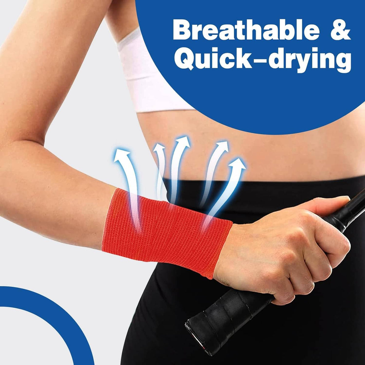 Red self-adhesive elastic bandage wrap applied to arm with tight grip