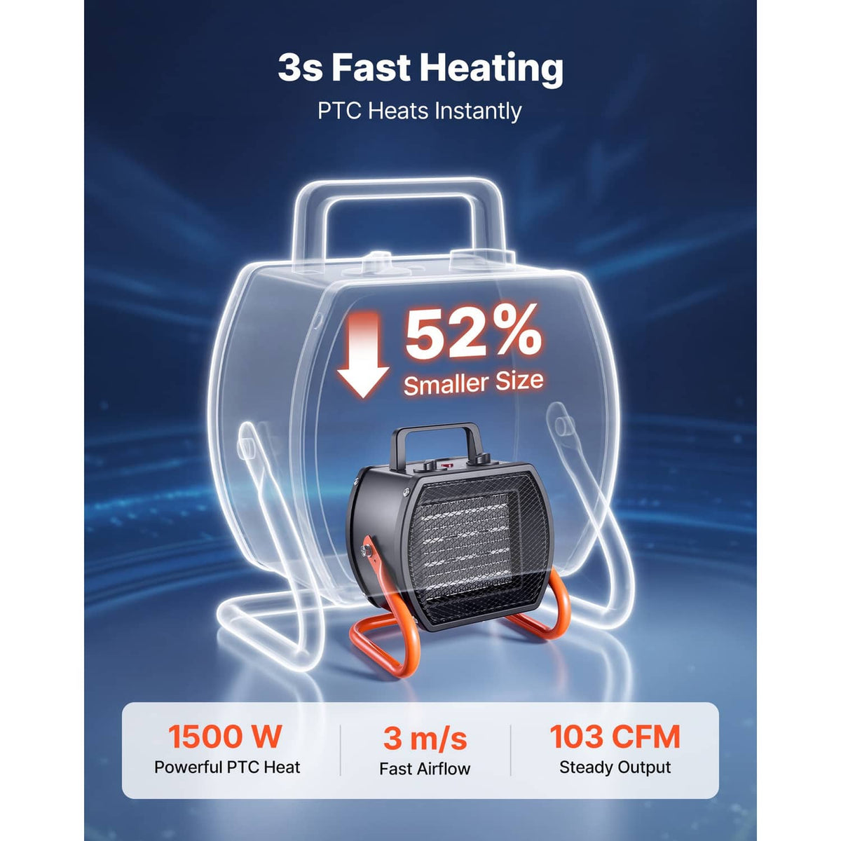 Compact electric greenhouse heater with black front grille and orange power cords