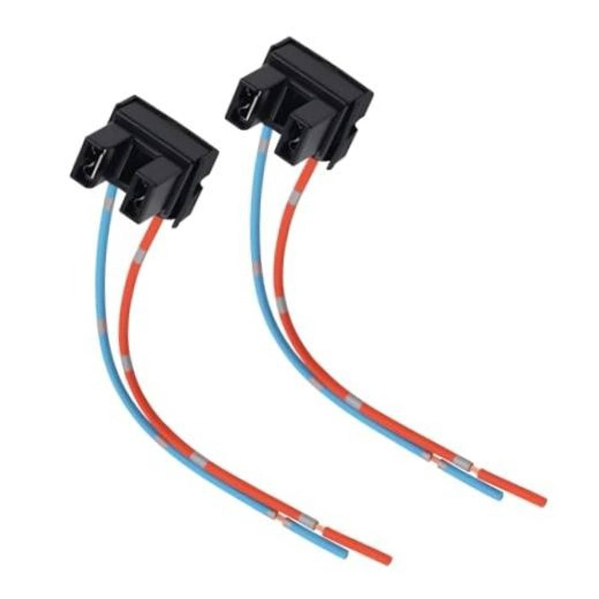 Set of 2 H7 headlight connector plugs with black housing and blue/red wire leads