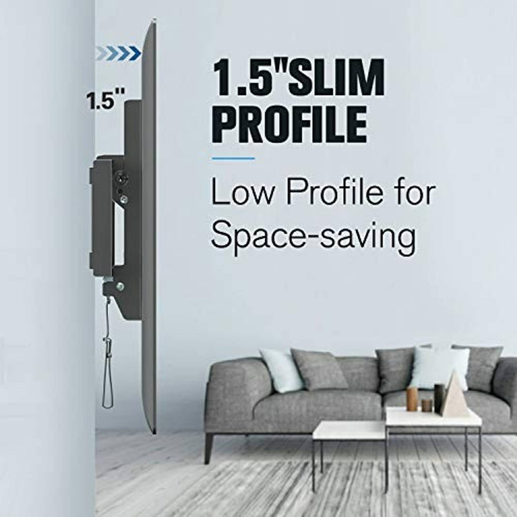 Low-profile tilting TV wall mount bracket with slim arm and mounting plate